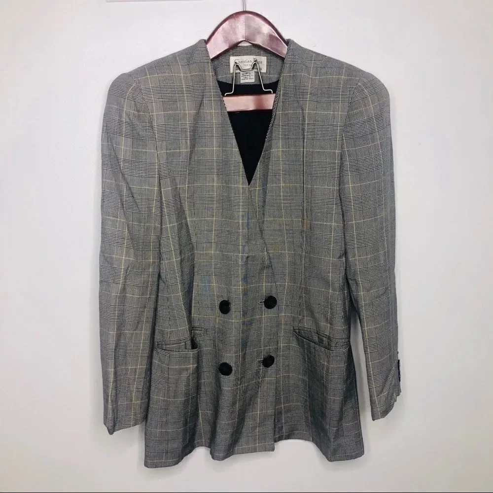 Christian Dior Vintage Plaid Check Button Blazer 8 Retro Double Structured Black
